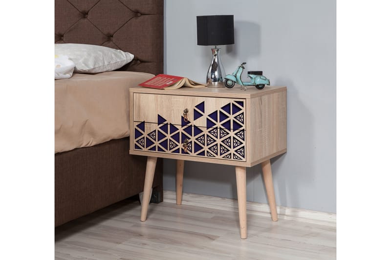 Brokind Sängbord 60 cm med Förvaring 2 Lådor Trianglar - Natur/Blå - Möbler - Bord & matgrupp - Avlastningsbord & sidobord - Sängbord & nattduksbord