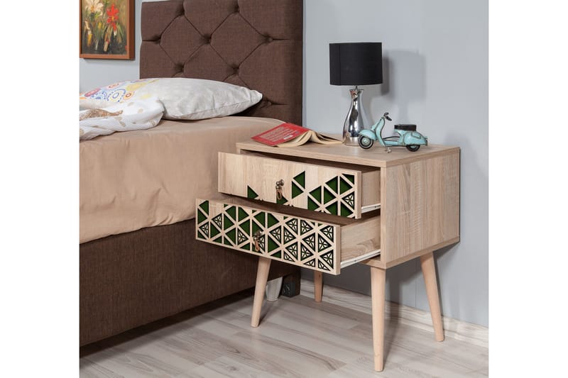 Brokind Sängbord 60 cm med Förvaring 2 Lådor Trianglar - Natur/Grön - Möbler - Bord & matgrupp - Avlastningsbord & sidobord - Sängbord & nattduksbord
