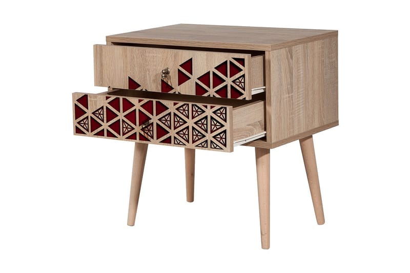 Brokind Sängbord 60 cm med Förvaring 2 Lådor Trianglar - Natur/Röd - Möbler - Bord & matgrupp - Avlastningsbord & sidobord - Sängbord & nattduksbord