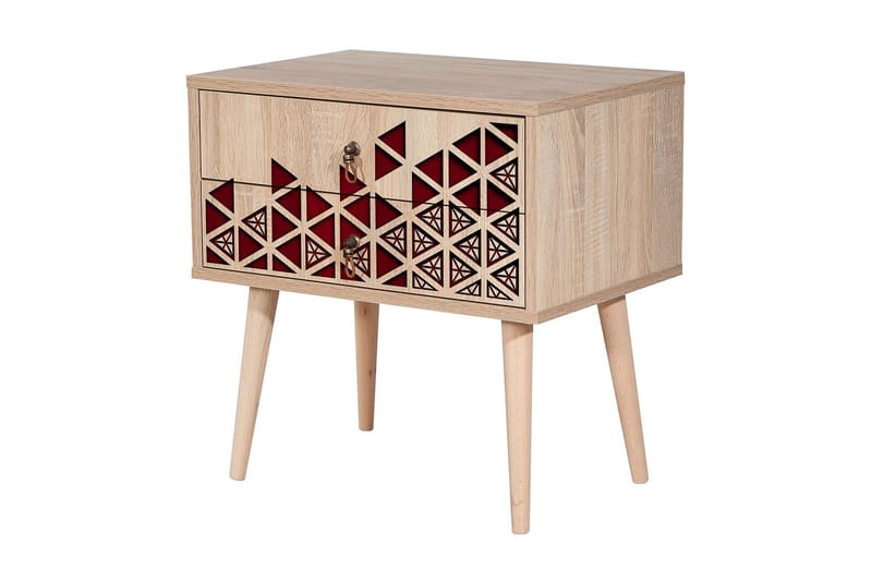 Brokind Sängbord 60 cm med Förvaring 2 Lådor Trianglar - Natur/Röd - Möbler - Bord & matgrupp - Avlastningsbord & sidobord - Sängbord & nattduksbord