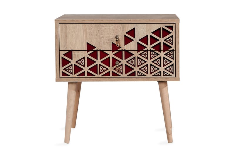 Brokind Sängbord 60 cm med Förvaring 2 Lådor Trianglar, Natur/Röd
