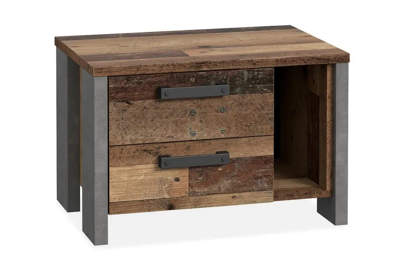 Cadle Sängbord 62 cm i Trä med Valnötsutseende, Förvaring med 2 Lådor och Hylla, Brun/Grå