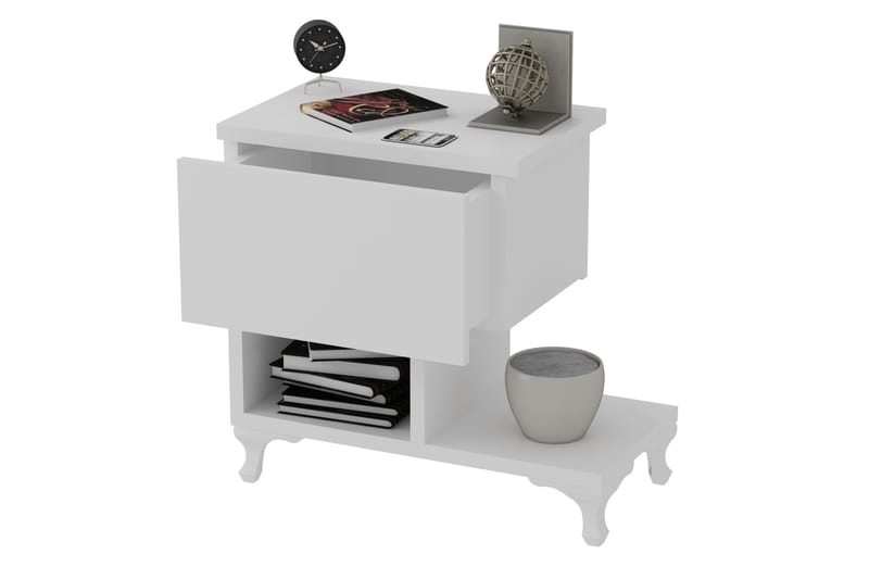 Decorotika Sängbord 46 cm med Förvaring Låda + Hyllor Ben - Vit - Möbler - Bord & matgrupp - Avlastningsbord & sidobord - Sängbord & nattduksbord