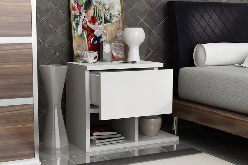 Decorotika Sängbord 46 cm med Förvaring Låda + Hyllor - Vit - Möbler - Bord & matgrupp - Avlastningsbord & sidobord - Sängbord & nattduksbord