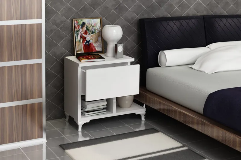 Decorotika Sängbord 46 cm med Förvaring Låda + Hyllor Ben - Vit - Möbler - Bord & matgrupp - Avlastningsbord & sidobord - Sängbord & nattduksbord