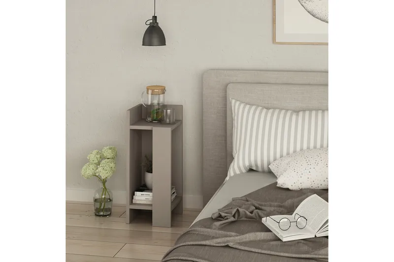 Decorta Sängbord 27 cm med Förvaring Hyllor + Luckor Vänster - Grå - Möbler - Bord & matgrupp - Avlastningsbord & sidobord - Sängbord & nattduksbord