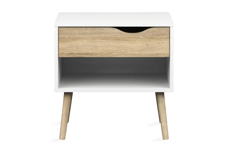 Delta Sängbord 50 cm med Förvaring Låda + Hylla, Vit/Ekfärg
