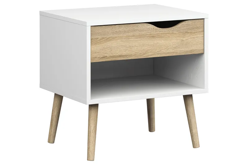 Delta Sängbord 50 cm med Förvaring Låda + Hylla - Vit/Ekfärg - Möbler - Bord & matgrupp - Avlastningsbord & sidobord - Sängbord & nattduksbord