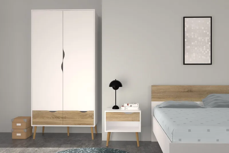 Delta Sängbord 50 cm med Förvaring Låda + Hylla - Vit/Ekfärg - Möbler - Bord & matgrupp - Avlastningsbord & sidobord - Sängbord & nattduksbord