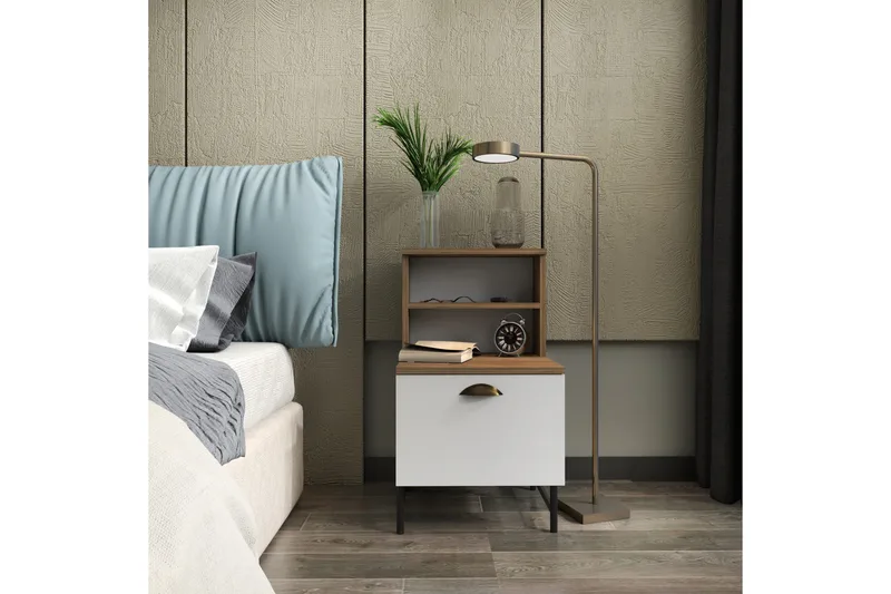 Desgrar Sängbord & Nattduksbord 45x22,5 cm i Trä med Valnötsutseende, Förvaring med Låda - Vit - Möbler - Bord & matgrupp - Avlastningsbord & sidobord - Sängbord & nattduksbord