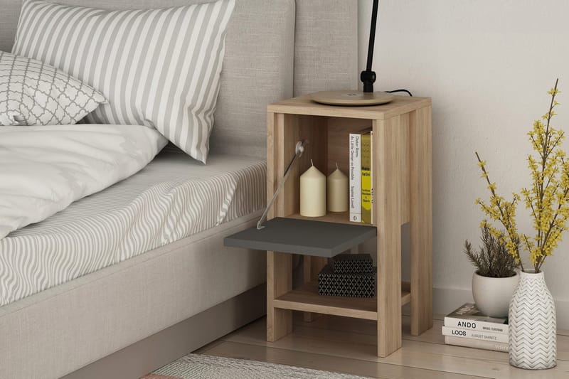 Homitis Sängbord 30 cm med Förvaring Hylla + Lucka - Ekfärg/Mörkgrå - Möbler - Bord & matgrupp - Avlastningsbord & sidobord - Sängbord & nattduksbord