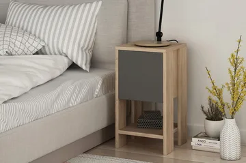 Homitis Sängbord 30 cm med Förvaring Hylla + Lucka - Ekfärg/Mörkgrå - Möbler - Bord & matgrupp - Avlastningsbord & sidobord - Sängbord & nattduksbord