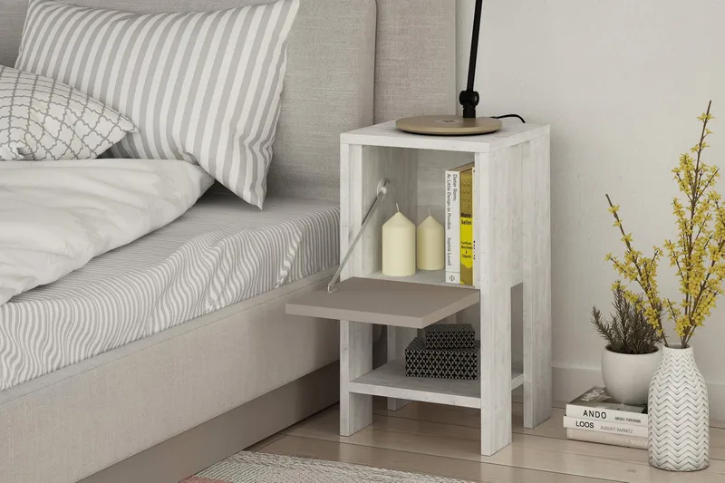 Homitis Sängbord 30 cm med Förvaring Hylla + Lucka - Vit/Trä - Möbler - Bord & matgrupp - Avlastningsbord & sidobord - Sängbord & nattduksbord