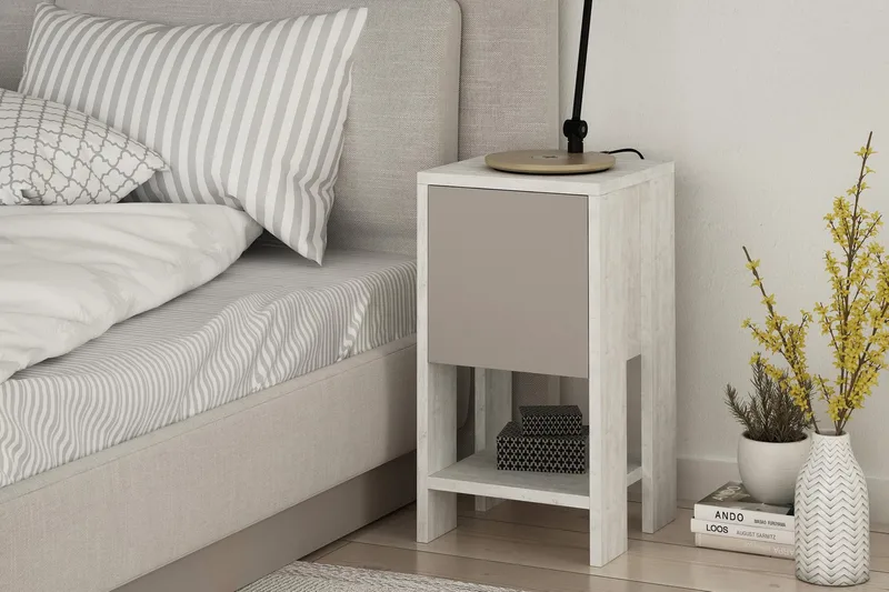 Homitis Sängbord 30 cm med Förvaring Hylla + Lucka - Vit/Trä - Möbler - Bord & matgrupp - Avlastningsbord & sidobord - Sängbord & nattduksbord