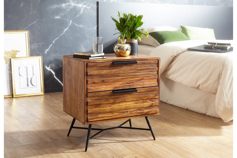 Kimbal Sängbord & Nattduksbord 60 cm i Massivt Trä med Valnötsutseende, Förvaring med 2 Lådor - Brun - Möbler - Bord & matgrupp - Avlastningsbord & sidobord - Sängbord & nattduksbord