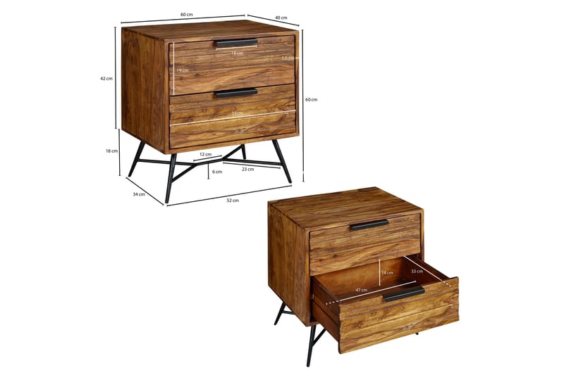 Kimbal Sängbord 60 cm med Förvaring 2 Lådor - Massivt Trä/Svart - Möbler - Bord & matgrupp - Avlastningsbord & sidobord - Sängbord & nattduksbord