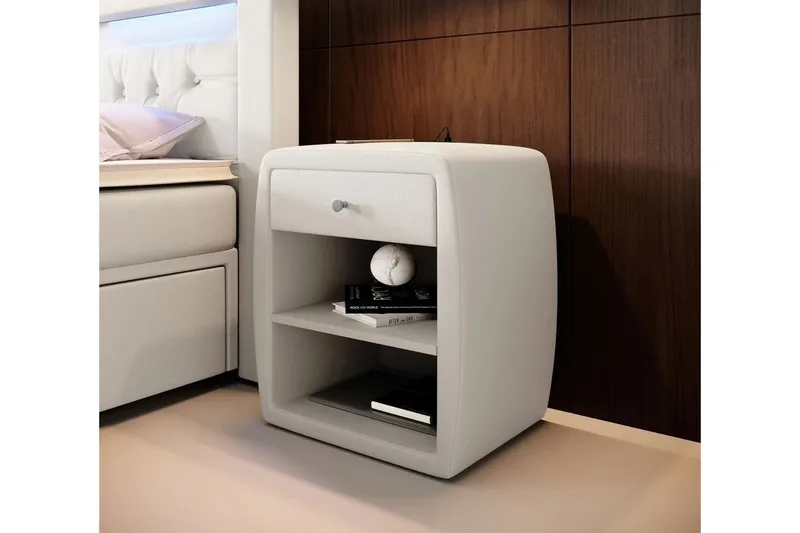 Lysander Sängbord 48 cm med Förvaring Låda, Vit Konstläder