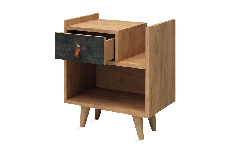Mod Design Sängbord 50 cm med Förvaring Låda + Hylla Läderbe - Grå/Trä - Möbler - Bord & matgrupp - Avlastningsbord & sidobord - Sängbord & nattduksbord