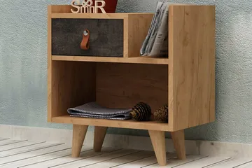 Mod Design Sängbord 50 cm med Förvaring Låda + Hylla Läderbe - Grå/Trä - Möbler - Bord & matgrupp - Avlastningsbord & sidobord - Sängbord & nattduksbord