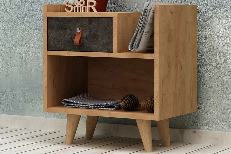 Mod Design Sängbord 50 cm med Förvaring Låda + Hylla Läderbe - Grå/Trä - Möbler - Bord & matgrupp - Avlastningsbord & sidobord - Sängbord & nattduksbord