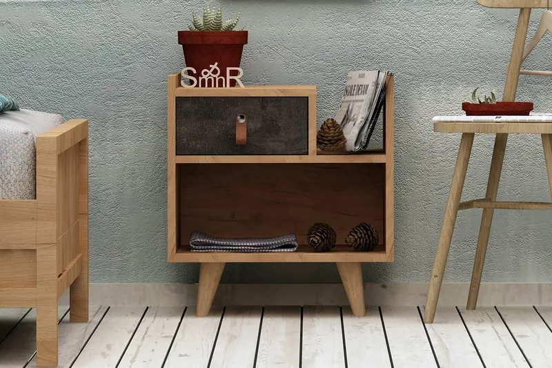 Mod Design Sängbord 50 cm med Förvaring Låda + Hylla Läderbe, Grå/Trä