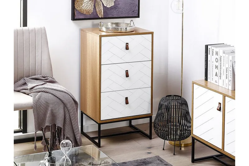 Nueva Sängbord 49 cm med Lådor i Trä med Metallunderrede - Vit - Möbler - Bord & matgrupp - Avlastningsbord & sidobord - Sängbord & nattduksbord