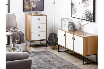 Nueva Sängbord 49 cm med Lådor i Trä med Metallunderrede - Vit - Möbler - Bord & matgrupp - Avlastningsbord & sidobord - Sängbord & nattduksbord