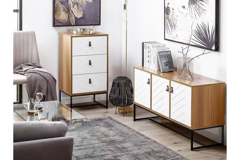 Nueva Sängbord 49 cm med Lådor i Trä med Metallunderrede - Vit - Möbler - Bord & matgrupp - Avlastningsbord & sidobord - Sängbord & nattduksbord
