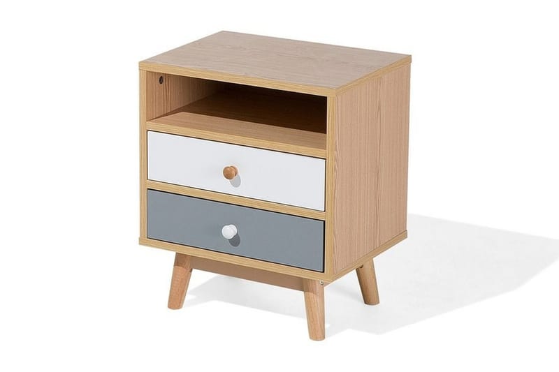 Peinmore Sängbord 40 cm med Förvaring 2 Lådor + Hylla - Brun/Vit/Grå - Möbler - Bord & matgrupp - Avlastningsbord & sidobord - Sängbord & nattduksbord