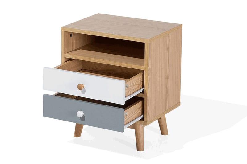Peinmore Sängbord 40 cm med Förvaring 2 Lådor + Hylla - Brun/Vit/Grå - Möbler - Bord & matgrupp - Avlastningsbord & sidobord - Sängbord & nattduksbord