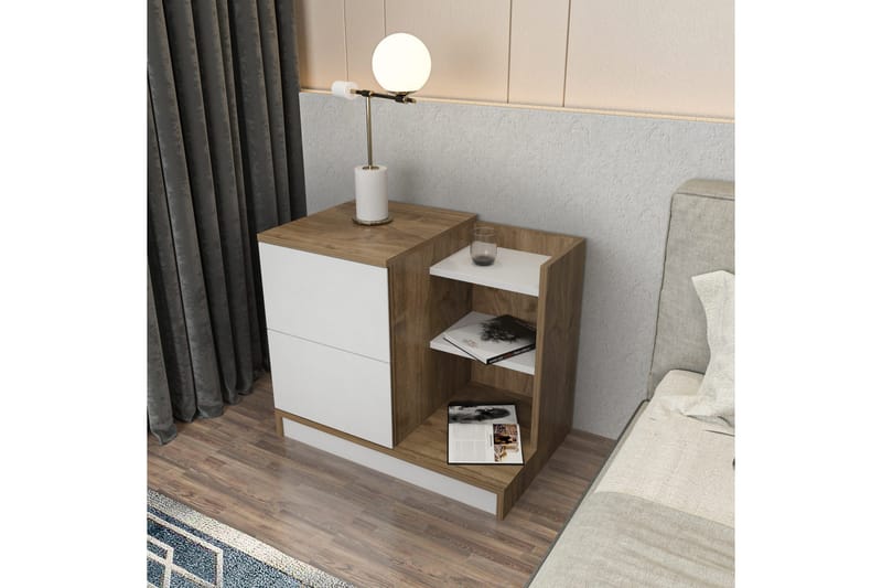 Rinorea Sängbord 72x60 cm i Ek med Lådor och Förvaring - Vit - Möbler - Bord & matgrupp - Avlastningsbord & sidobord - Sängbord & nattduksbord
