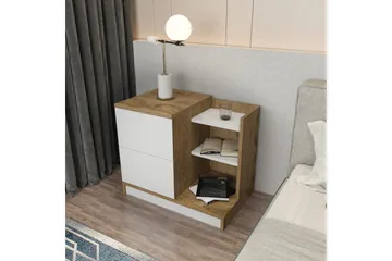 Rinorea Sängbord 72x60 cm i Ek med Lådor och Förvaring - Vit - Möbler - Bord & matgrupp - Avlastningsbord & sidobord - Sängbord & nattduksbord