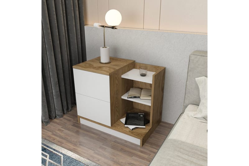 Rinorea Sängbord 72x60 cm i Ek med Lådor och Förvaring - Vit - Möbler - Bord & matgrupp - Avlastningsbord & sidobord - Sängbord & nattduksbord