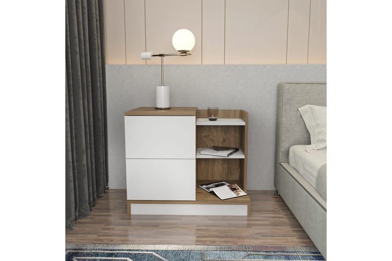 Rinorea Sängbord 72x60 cm i Ek med Lådor och Förvaring - Vit - Möbler - Bord & matgrupp - Avlastningsbord & sidobord - Sängbord & nattduksbord