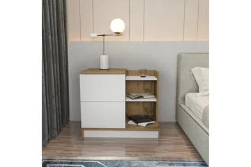 Rinorea Sängbord 72x60 cm i Ek med Lådor och Förvaring - Vit - Möbler - Bord & matgrupp - Avlastningsbord & sidobord - Sängbord & nattduksbord