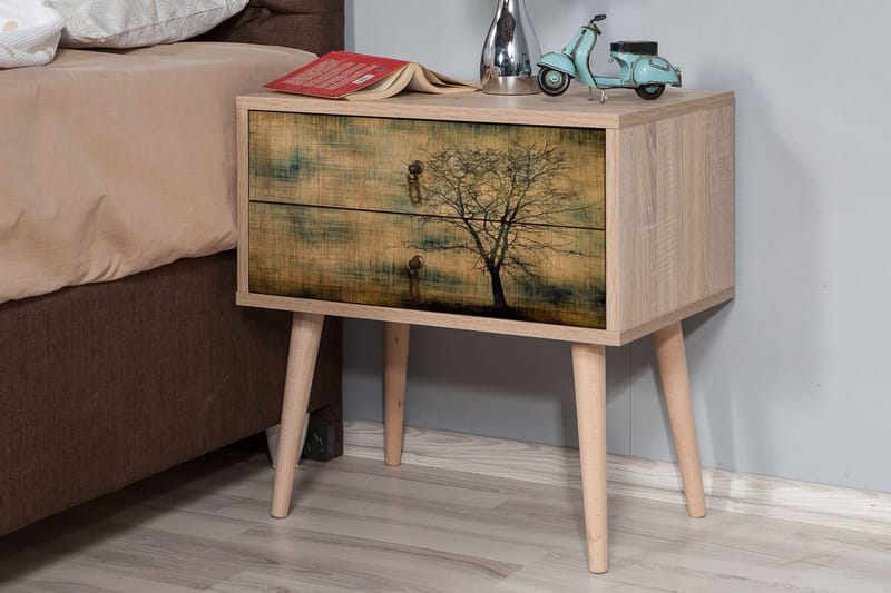 Sängbord Dirk 60 cm med Förvaring 2 Lådor Trädsilhuett - Brun/Grön - Möbler - Bord & matgrupp - Avlastningsbord & sidobord - Sängbord & nattduksbord