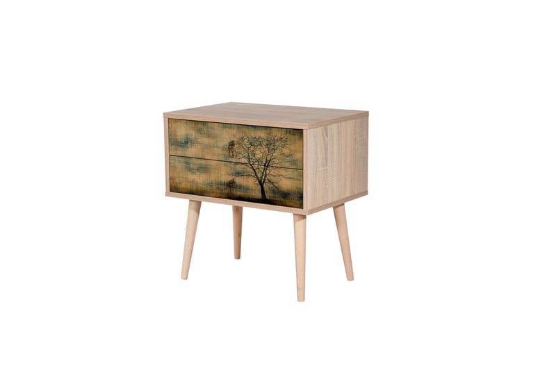 Sängbord Dirk 60 cm med Förvaring 2 Lådor Trädsilhuett - Brun/Grön - Sängbord & nattduksbord