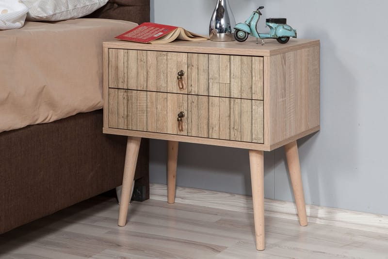 Sängbord Dirk 60 cm med Förvaring 2 Lådor Vertikalt Panel - Ljusbrun - Möbler - Bord & matgrupp - Avlastningsbord & sidobord - Sängbord & nattduksbord