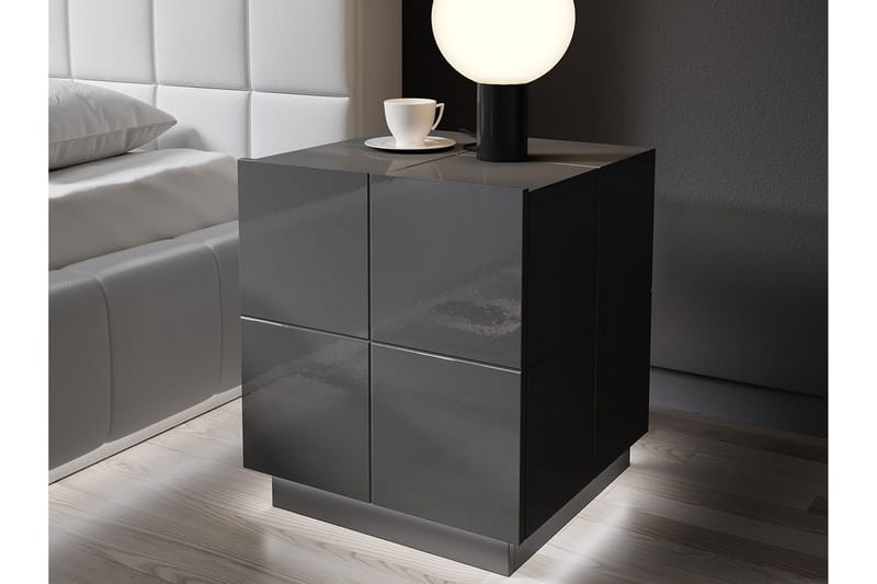 Sängbord Ebreon 46 cm + LED 2-pack - Grå Högglans/Vit LED - Sängbord & nattduksbord