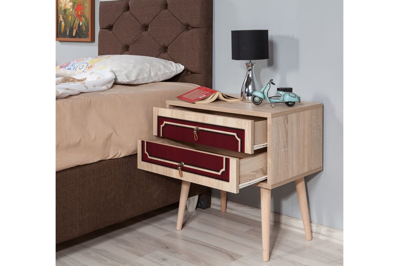 Sängbord Gillberga 60 cm med Förvaring 2 Lådor Dekor - Natur/Röd - Möbler - Bord & matgrupp - Avlastningsbord & sidobord - Sängbord & nattduksbord
