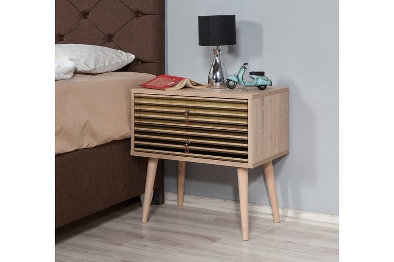 Sängbord Gillberga 60 cm med Förvaring 2 Lådor Ränder - Natur - Sängbord & nattduksbord