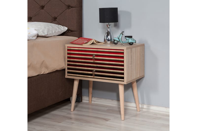 Sängbord Gillberga 60 cm med Förvaring 2 Lådor Ränder - Natur/Röd - Möbler - Bord & matgrupp - Avlastningsbord & sidobord - Sängbord & nattduksbord