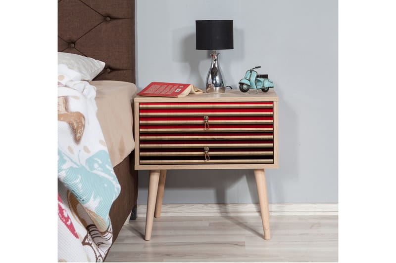 Sängbord Gillberga 60 cm med Förvaring 2 Lådor Ränder - Natur/Röd - Möbler - Bord & matgrupp - Avlastningsbord & sidobord - Sängbord & nattduksbord