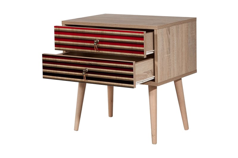 Sängbord Gillberga 60 cm med Förvaring 2 Lådor Ränder - Natur/Röd - Möbler - Bord & matgrupp - Avlastningsbord & sidobord - Sängbord & nattduksbord