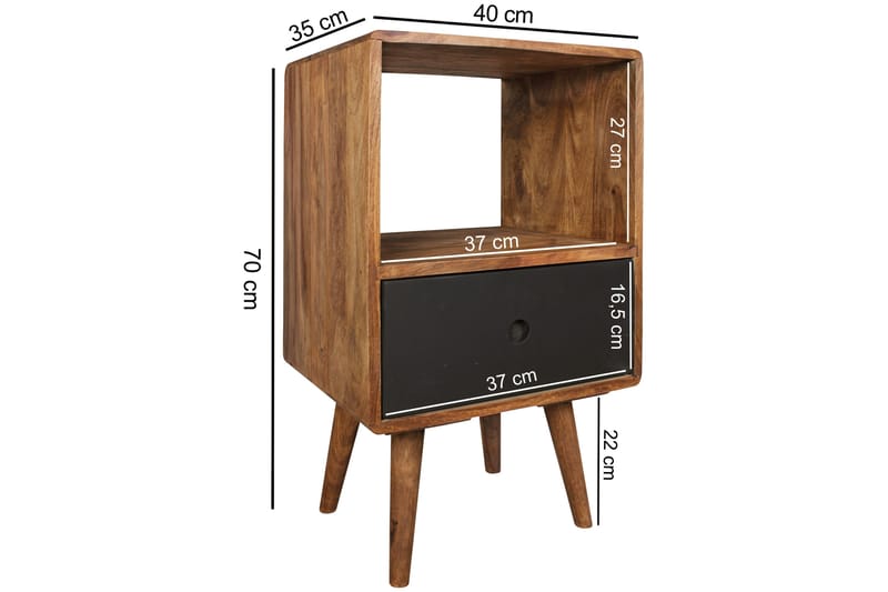 Sängbord Hongsermeier 40 cm med Förvaring Låda + Hylla - Massivt Trä/Svart - Sängbord & nattduksbord