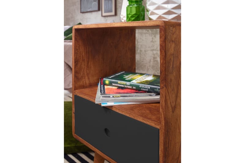 Sängbord Hongsermeier 40 cm med Förvaring Låda + Hylla - Massivt Trä/Svart - Sängbord & nattduksbord