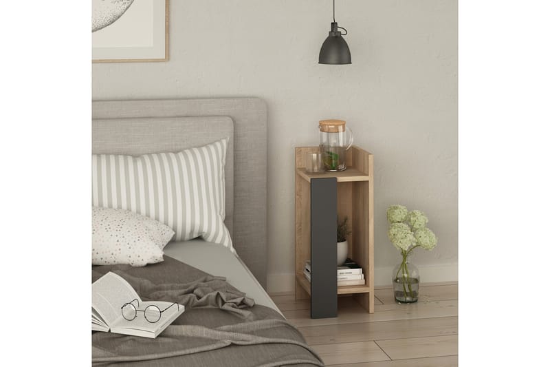 Sängbord Lutchan 27 cm med Förvaring Hyllor + Luckor Höger - Brun/Grå - Möbler - Bord & matgrupp - Avlastningsbord & sidobord - Sängbord & nattduksbord