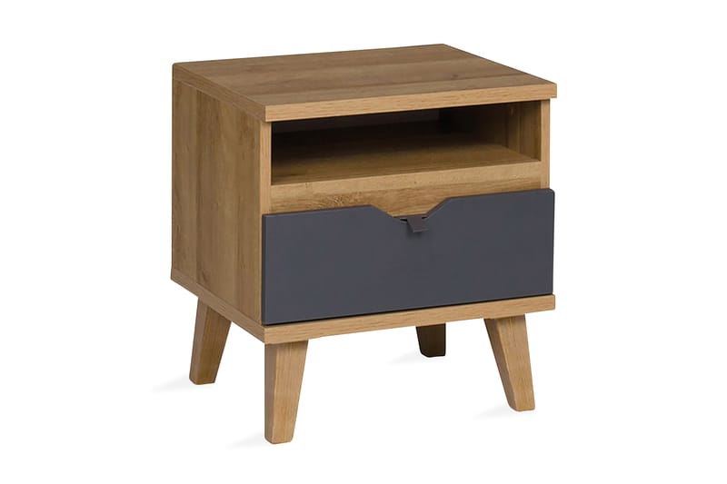 Sängbord Lyseme 45 cm med Förvaring Hylla + Låda - Grå/Natur - Sängbord & nattduksbord