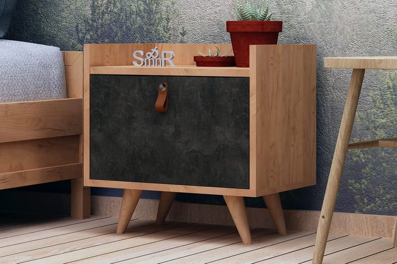 Sängbord Naidaj 50 cm med Förvaring Skåp Läderbeslag - Grå/Trä - Sängbord & nattduksbord