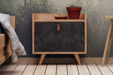 Sängbord Naidaj 50 cm med Förvaring Skåp Läderbeslag - Grå/Trä - Möbler - Bord & matgrupp - Avlastningsbord & sidobord - Sängbord & nattduksbord